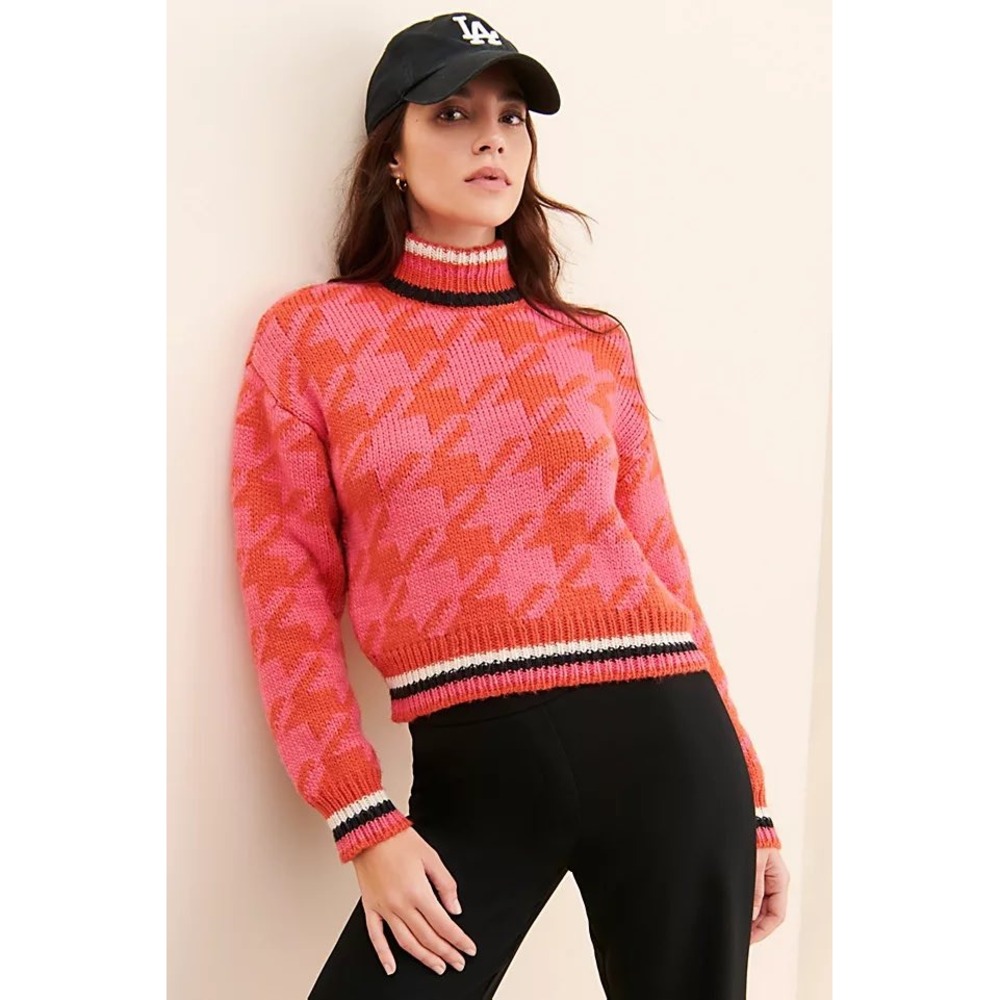 Vero Moda Pink Orange Houndstooth Thick Mock Neck Knit Sweater XL